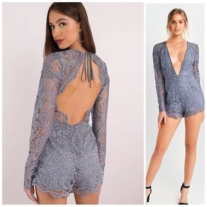 🩶Tobi Scallop Tie Back Plunging Neckline Long Sleeve Gray Romper Playsuit